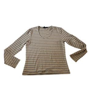 Vtg Y2K 2000s Tan Brown Striped V Neck Long Sleeve Baby T Shirt Sz XL Stretch